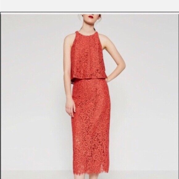 Zara Dresses & Skirts - Zara Coral Lace Sleeveless 2 Peice lace skirt set